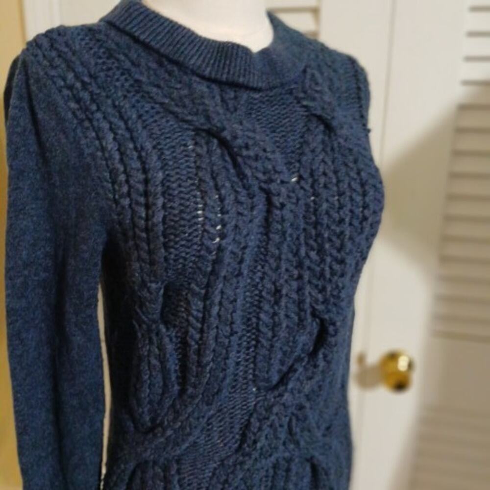 Joan Vass Small Navy Chunky-Cable-Knit Long-Sleeved Sweater Wool Blend